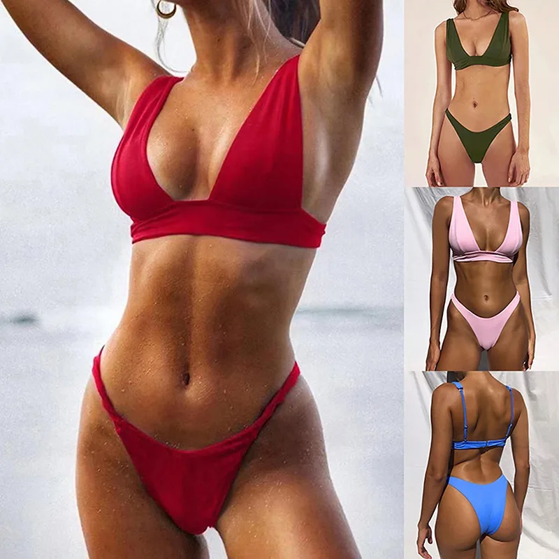 

New Sexy Bikini 2021 Solid Swimsuit Women Swimwear Push Up Bikini Set Brazilian Bathing Suit Summer Beach Wear Swimming Suit XL