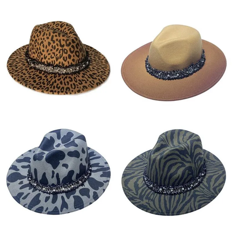 

Men's Women's Hat Fedoras Bulk Felt Fedora Hats for Women Men Leopard Zebra Cow hat Woman Cap Female Male Caps 2021 Wholesale