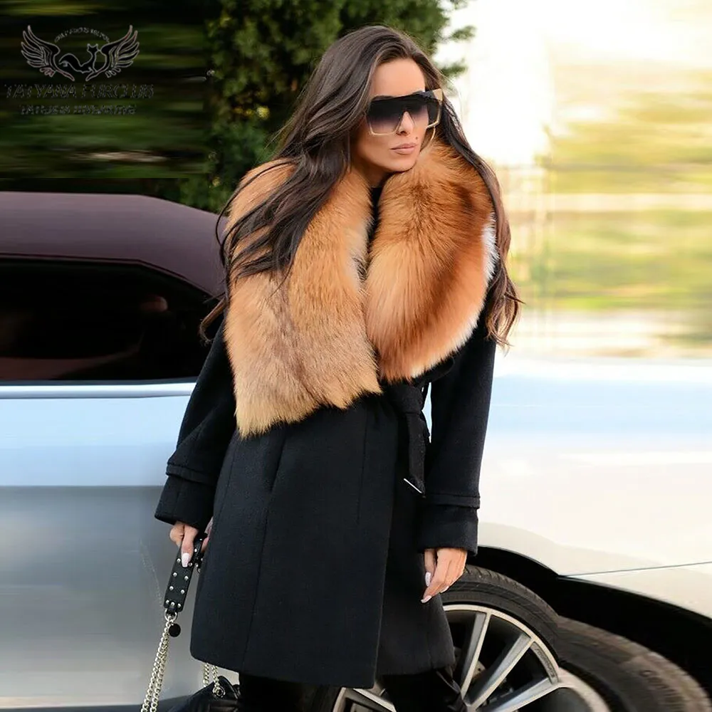 Fashion Long Wool Blend Coat With Big Red Fox Fur Collar Luxury Woman Winter 2022 Trendy Cashmare Fur Coats Natural Outwear Fur