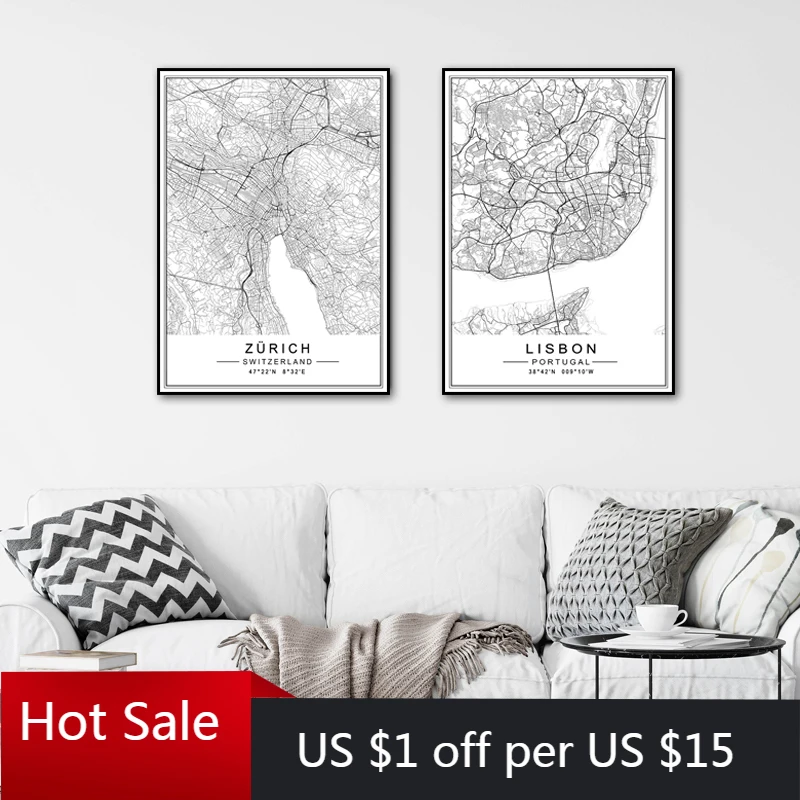 Минималистичная городская Лиссабон карта Лондона путешествия холст живопись