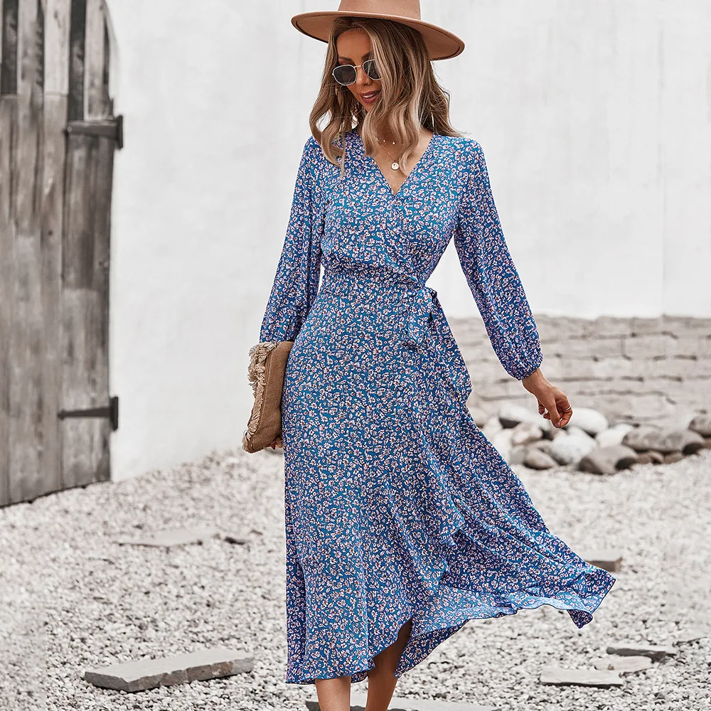 

Женское Повседневное платье макси с цветочным принтом, длинное платье с разрезом в стиле бохо, свободное праздвечерние чное Платье на шнуро...