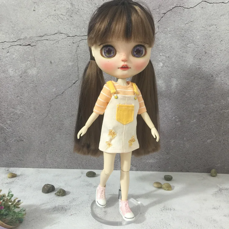 

T02-X621 Blyth Doll clothes 1/6 dolls OB24 azone Accessories handmade clothes yellow pink color strap dress
