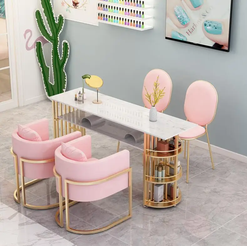 

Ins сетчатый красный двойной стол для ногтей и стул мраморный Простой японский Маникюрный Стол для трех человек Золотой в скандинавском стил...