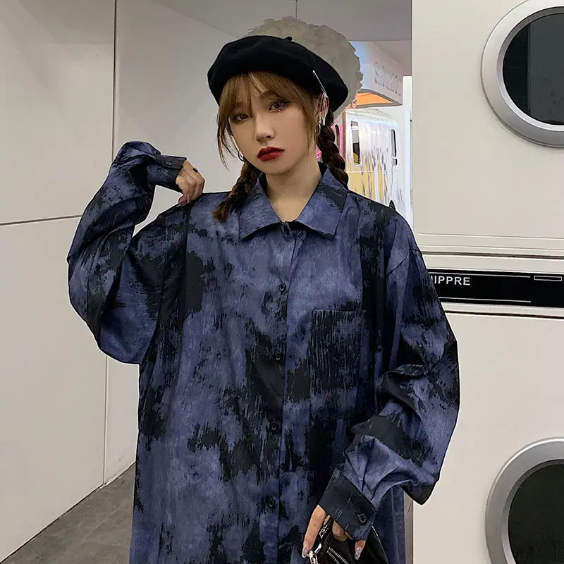 

Harajuku Women Blouses Tie Dye Print Shirt Korean Leisure Tops Oversized Summer All Match Streetwear Blue Blouse Retro New
