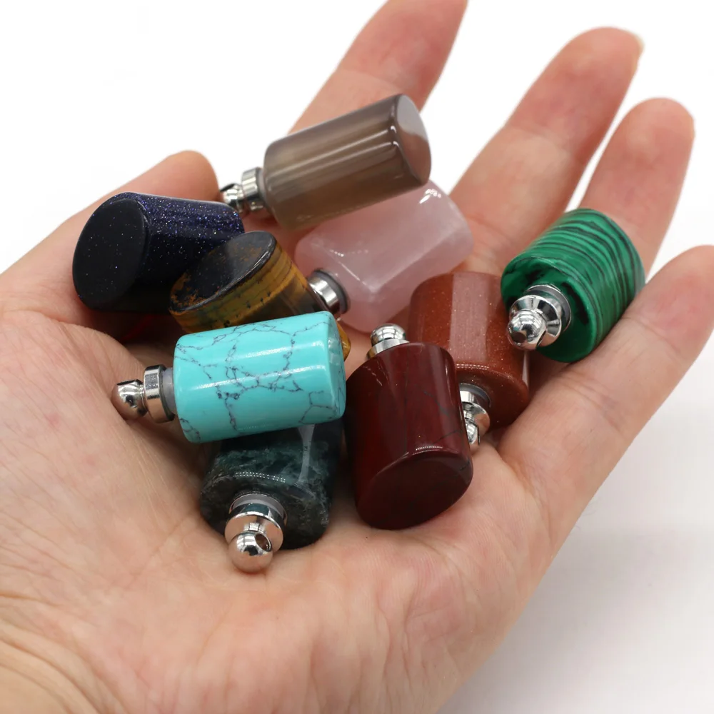 

Natural Stone Perfume Bottle Pendant Flat Cylindrical Semi-precious Pendant For Jewelry Making Charms DIY Necklace Accessory