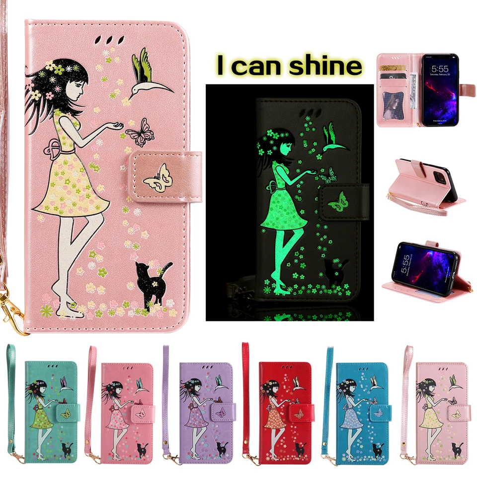 Светящийся кожаный флип-кошелек для девушек мягкий силиконовый чехол телефона