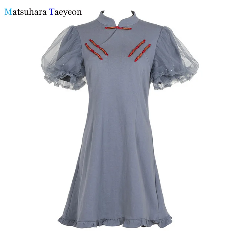 

Summer HanFu Dresses Chinese style Women Clothes Puff Sleeve Ruffles Mini Dress Women Vintage Buttons Slim Woman Dress cheongsam