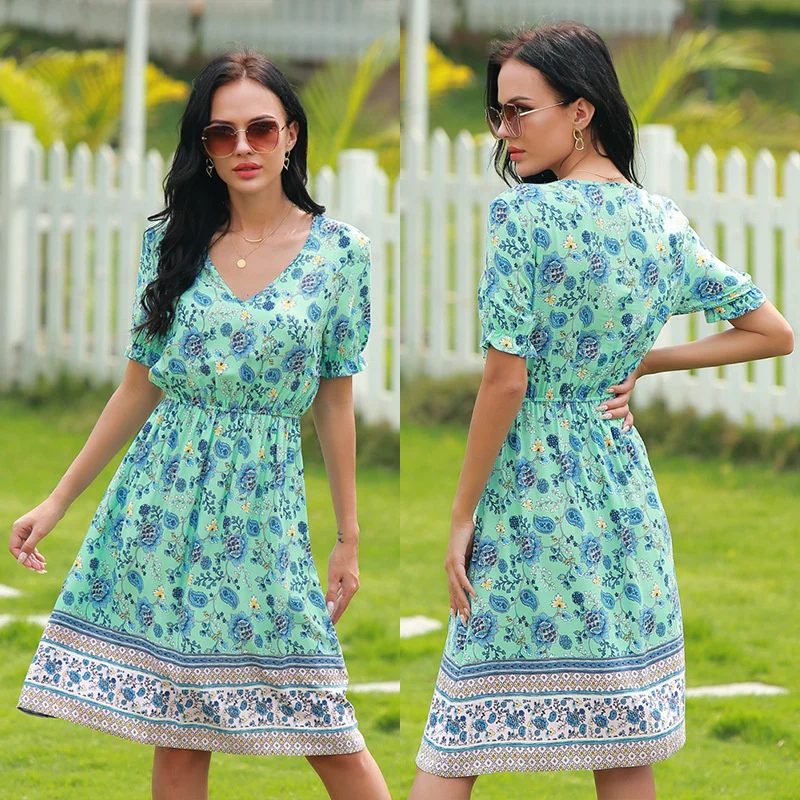 

Women's Summer Sexy Cool Dress V-neck Short Sleeve Floral Patchwork Dress Hoiday Outdoor Party Breathable Soft Dress