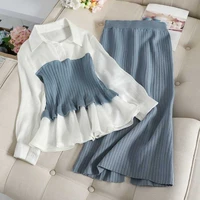 autumn women two piece sets fashion knit sweater patchwork tops pencil split and skirt outfits korean style female elegant suits