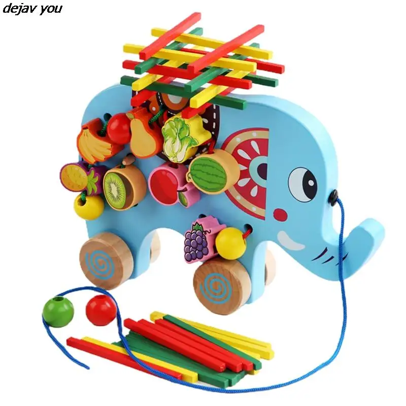 

Wooden Multifunctional Elephant Lion Beaded Balance Building Blocks Toy Creative Colorful Educational Animal Learning Toys