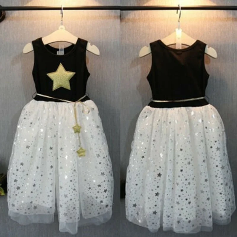 

Baby Girl Sleeveless Dress Summer Lovely Black Five Pointed Star Print Top Stitching Waist Fashion White Mesh Princess Skirt