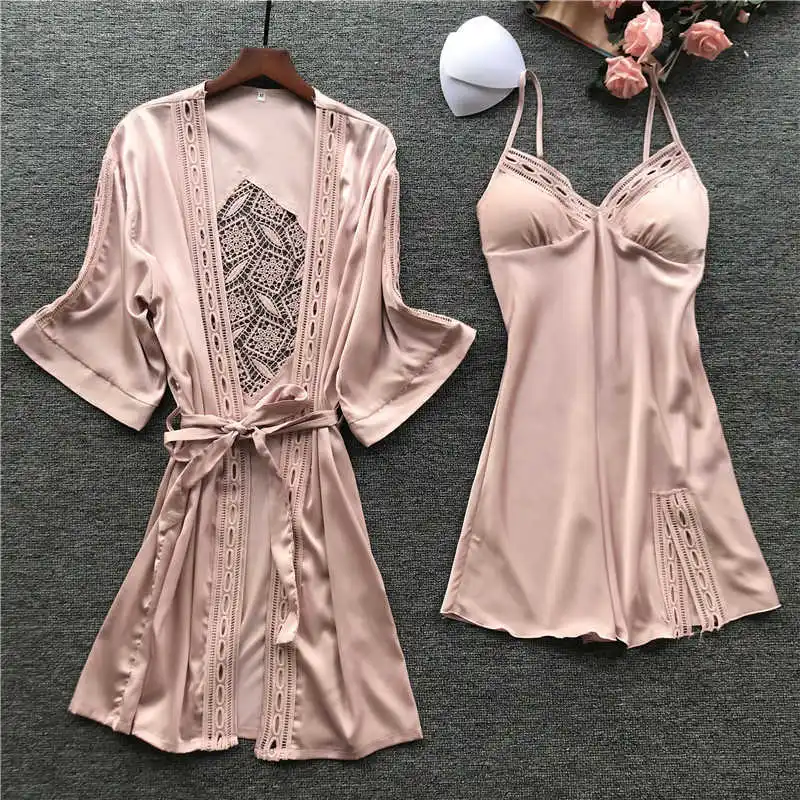 

Spring lisacmvpnel new sexy woman robe set of silk ice sleeve long pajamas hollow pajamas