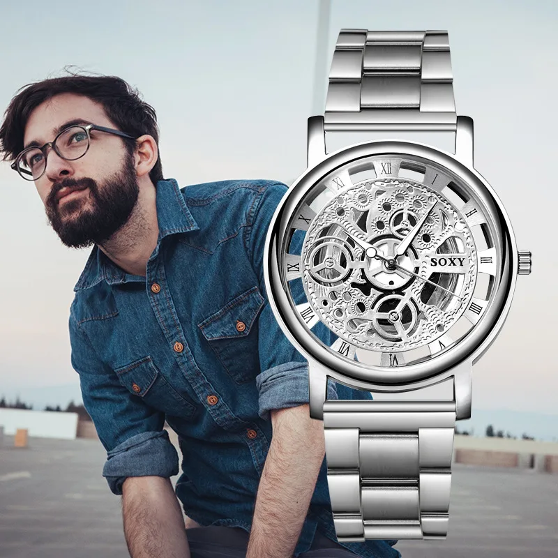 

Luxury hollow men's mesh strap watch fashion stainless steel mechanical watch Korean fashion business men's watch