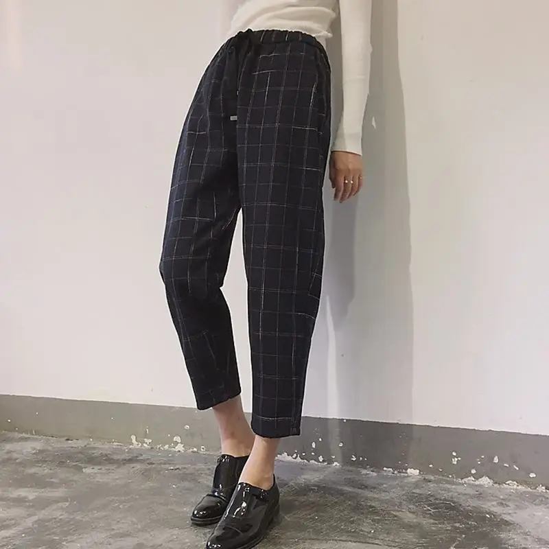 

Elegant Style Plaid Pants For Women Autumn Casual Loose Elastic Waist Slim Trousers Harajuku Female Ankle-Length Harem Pants