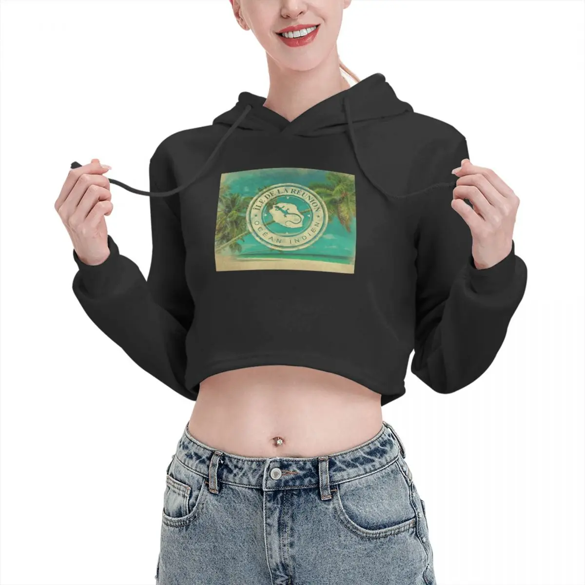 

Open navel Cat Ear Hoodie Sweater Ile De La Reunion 974 Hooded rope Funny Novelty sexy Print R248 Hoodie