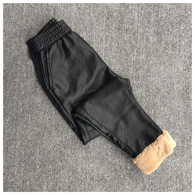 Зимние Модные женские плотные брюки из натуральной кожи с высокой талией