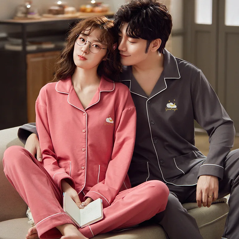 Winter Warm Couple Pajama Set Cotton Loose Cardigan Pyjamas Women Men Long Sleeve Homewear Cute Clouds Pattern Lovers Pajama Set