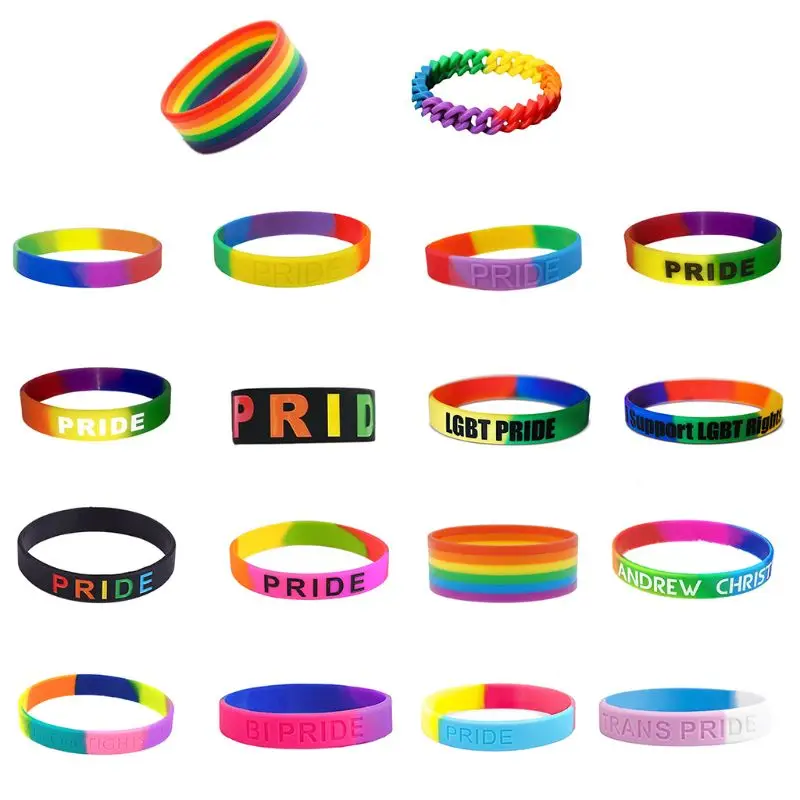 18 Types Unisex LGBT Rainbow Letters Sports Wristband Six-Color Gay Lesbian Pride Silicone Rubber Wristlet Bracelet Party Parade |