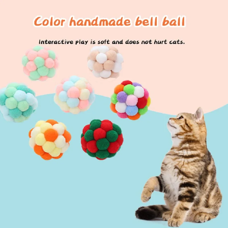 

Цветной колокольчик ручной работы для домашних животных, встроенный мяч, интерактивная игра, забавная кошка, плюшевый игрушечный мяч