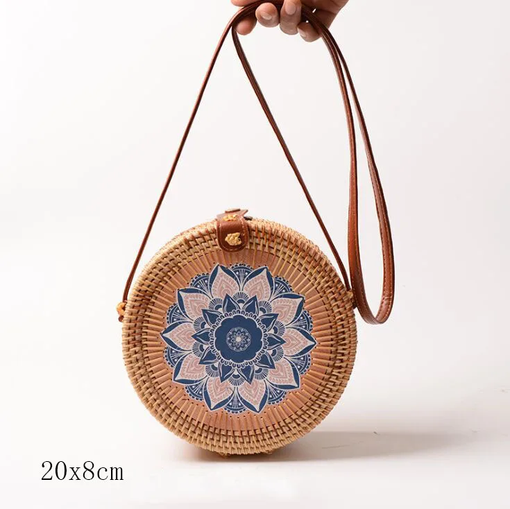 flower O 20X8cm Солнечный пляж, ручные тканые сумки, круглая сумка с пряжкой, Ротанговые соломенные сумки, ранец, богемная пляжная круглая сумка - Цвет: flower O 20X8cm