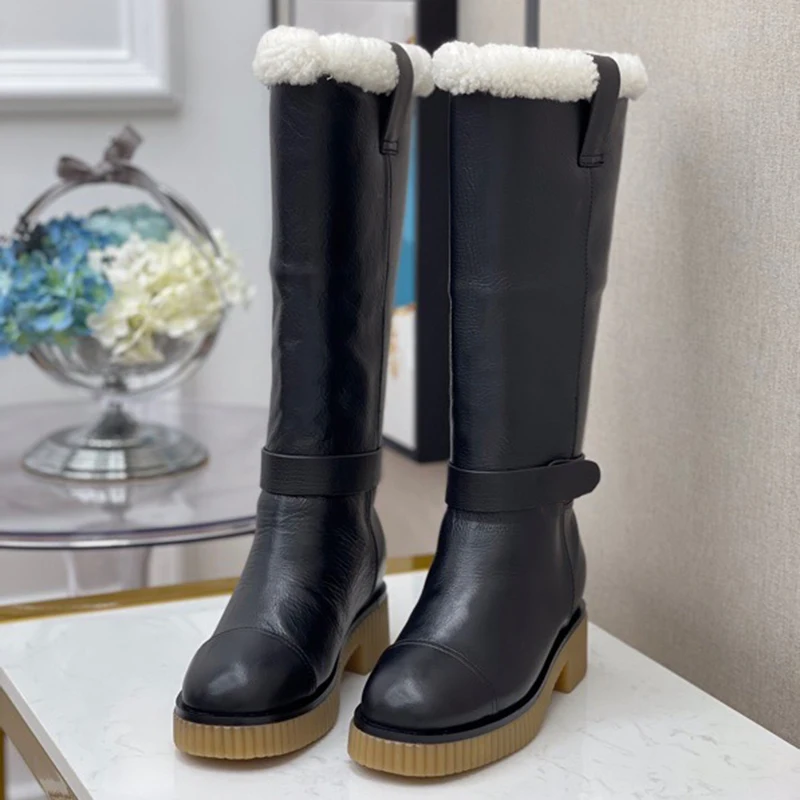 

Luxury New Black Fur Winter Long Boots Brand Design Warm Leather Women Shoes Fashion Elegant Knee-High Slip-On Female Boots