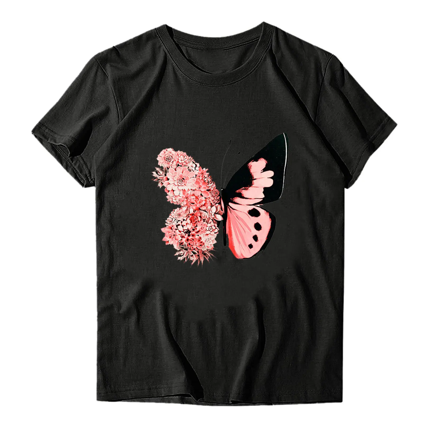 

FNOCE Crop Top T-shirt women 2021 Hot Selling Women's Wear Jacket Pink Butterfly Print round Neck Short Sleeve T-shirt