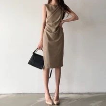 Robe de bureau élégante pour femmes, sans manches, moulante, rétro, Midi, couleur unie, noire, longue, été, 2021  (1)