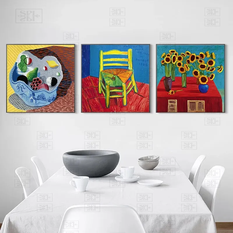 

David Hockney Artwork Posters Fruit In a Chinese Bowl Painting Sunflowers Canvas Print Wall Art Pictures for Living Room Decor