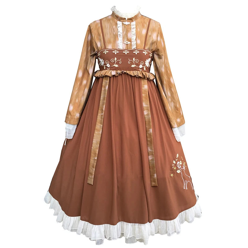 

Chinese style suit stand lace long sleeve printing lolita dress+cute embroidery high waist sleeveless kawaii dress gothic lolita