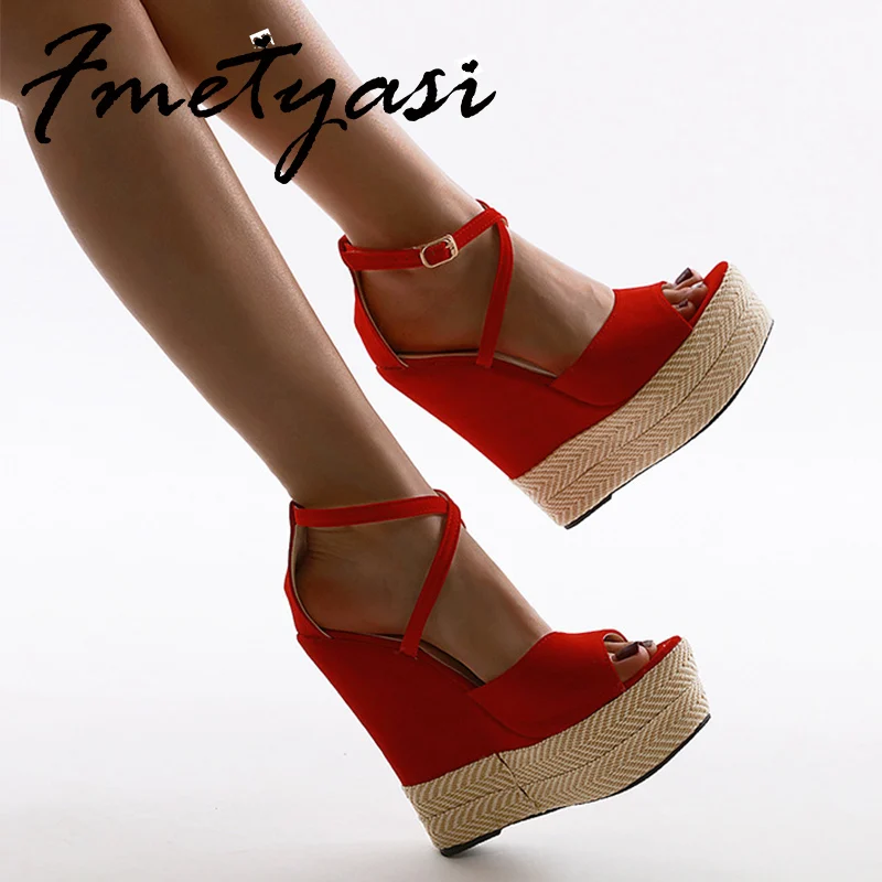 

Wedge Heel for Woman Sandals Slip-on Straw Rope Weaving Platform Open Toe Buckle Strap Women Shoes High heels Roman Non Slip
