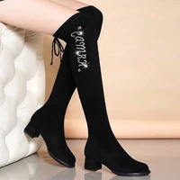 2022 womens high heel boots black casual round toe suede boots autumn boots knee high boots square heel platform boots pointed
