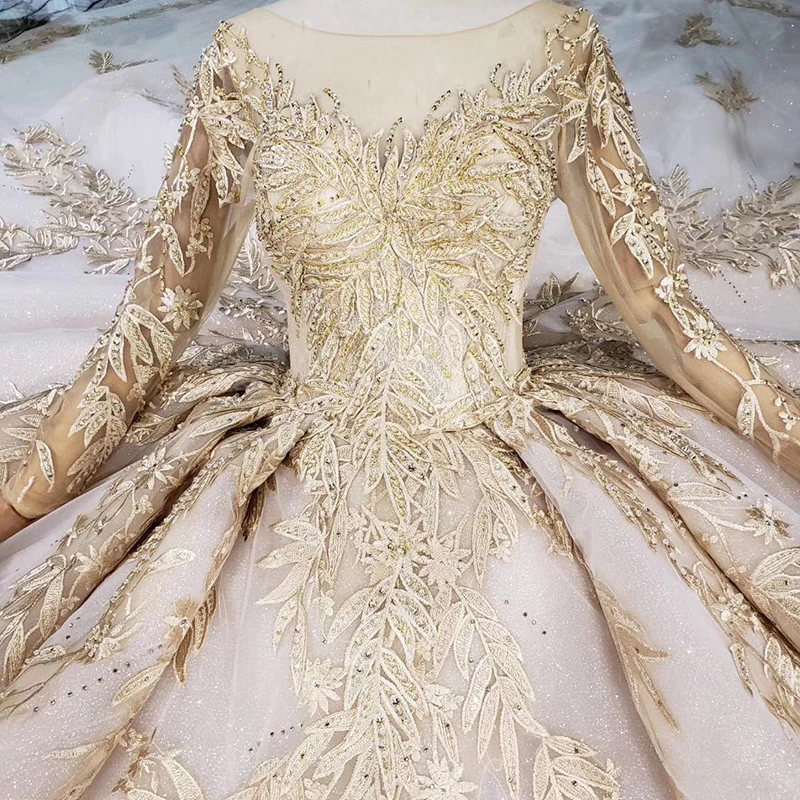 LS11555 Luxury Wedding Dress With Veil Backless Handmade Champagne Golden Lace Bridal Gown Long Train | Свадьбы и торжества