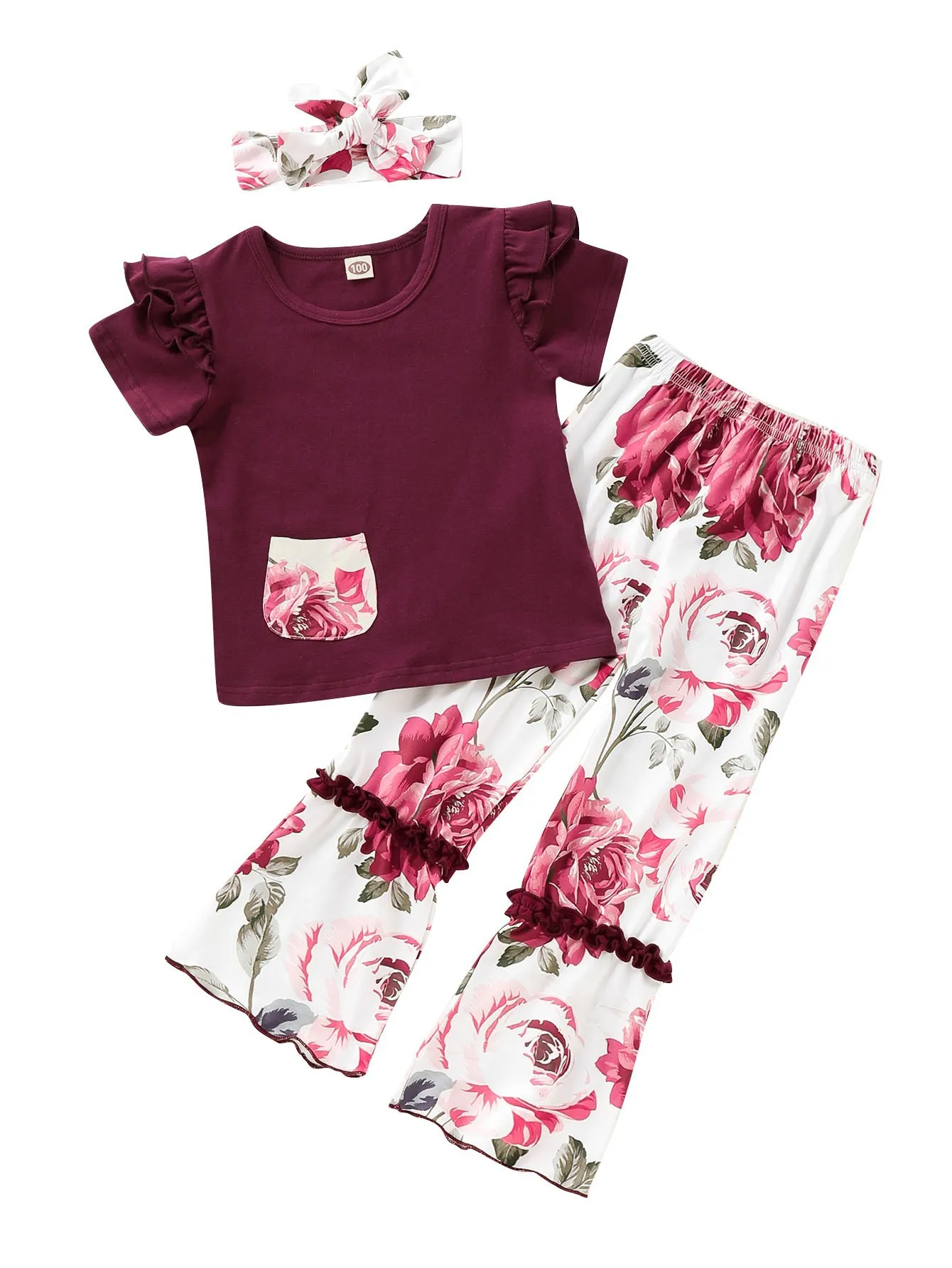 

Summer Girls Clothes Sets Baby Girl Short Petal Sleeve Shirt Tops+pants Suits Kids Clothing Printed Children's Clothes 2pcs Pink