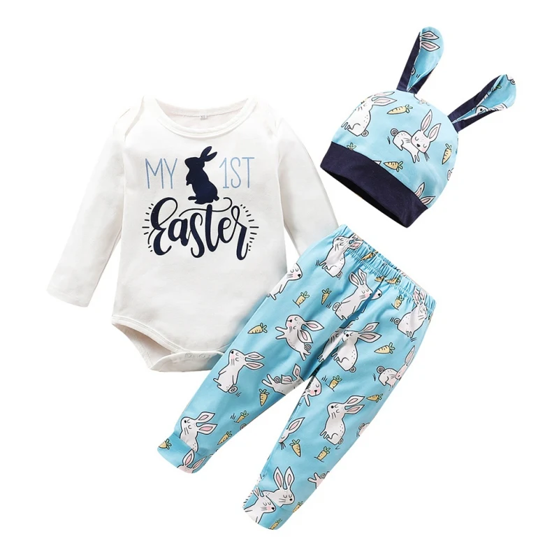 

6-24M 3pcs/set Baby Girls Boys Easter Outfits My 1st Easter Long Sleeve Jumpsuit Bodysuit Romper+Bunny Pants+Rabbit Ears Hat