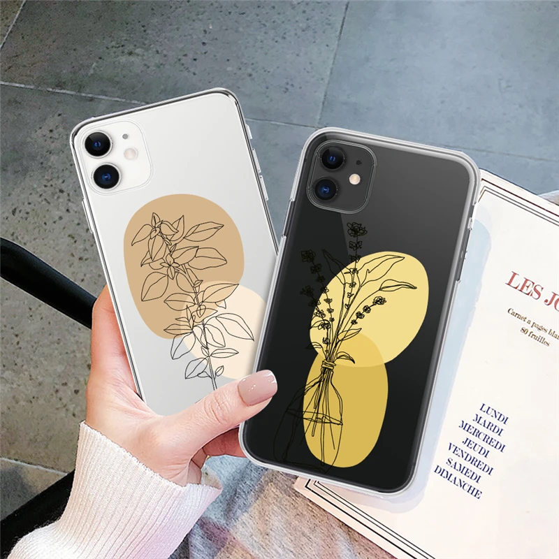 Cute Flowers Phone Case For iPhone 11 12 13 14 Pro Max 7 8 Plus X XR XS Max 13 12 SE 2020 Artistic Line Plant Clear Soft Cover