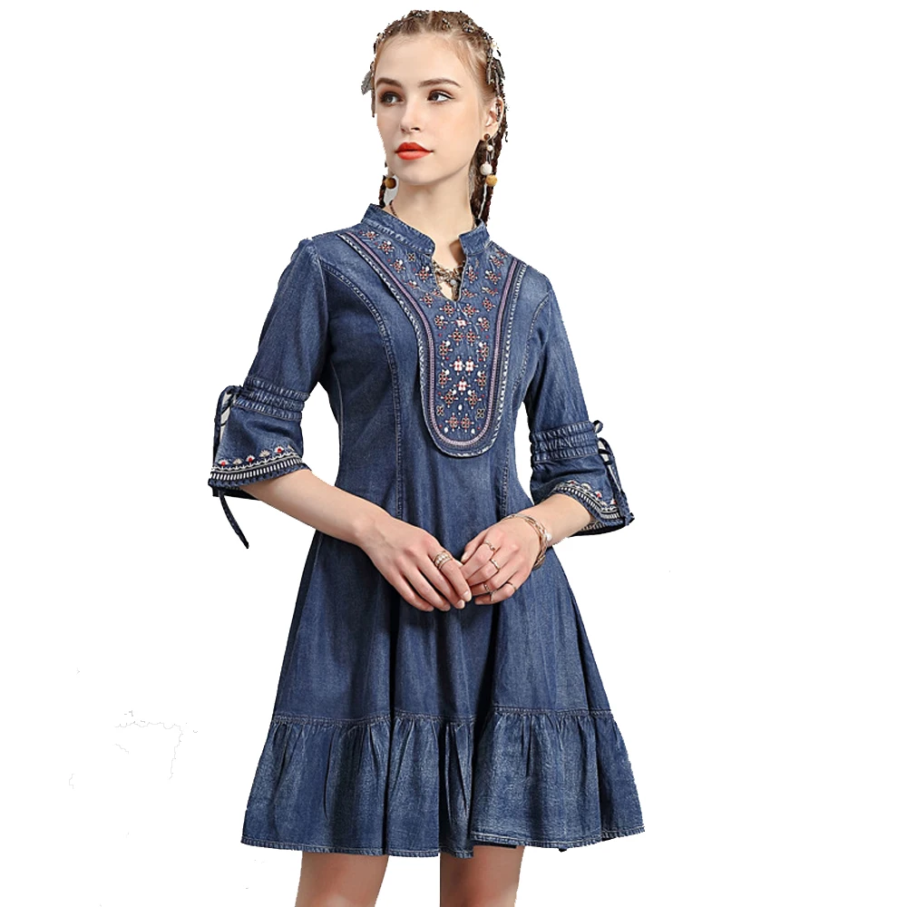 

National Style Embroidery Shivering Flower Ruffle Lap Bow Knot Designed Sleeves Denim Dress For Women Mini Length Jeans FS0961