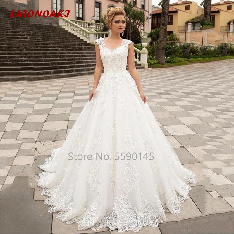 

2022 New A Line Wedding Dress V Neck Corset Back Garden Bridal Gown Lace Appliques Sweep Train Vestidos De Novia Robe Mariée