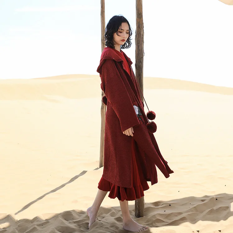 Богемный вдохновленный цвет красного вина длинные женские шерстяные кофты с