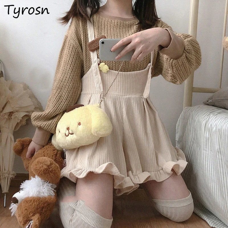 

Corduroy Rompers Women Ruffles Harajuku Japanese Style Loose All-match Students Kawaii Playsuits Streetwear Sweet Spring Casual