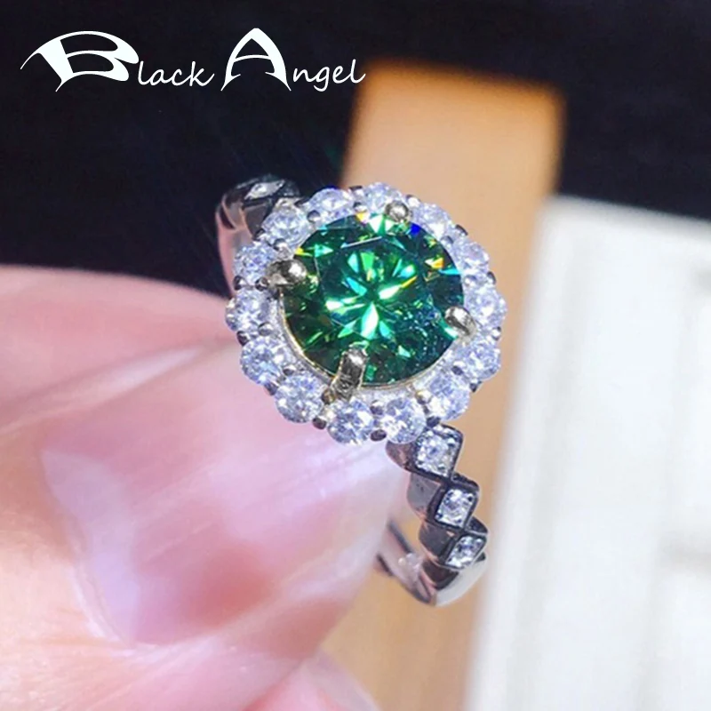 

BLACK ANGEL 2020 New 925 Sterling Silver Luxury Created Flower Green Blue Moissanit Open Ring For Women Jewelry Wedding Gift