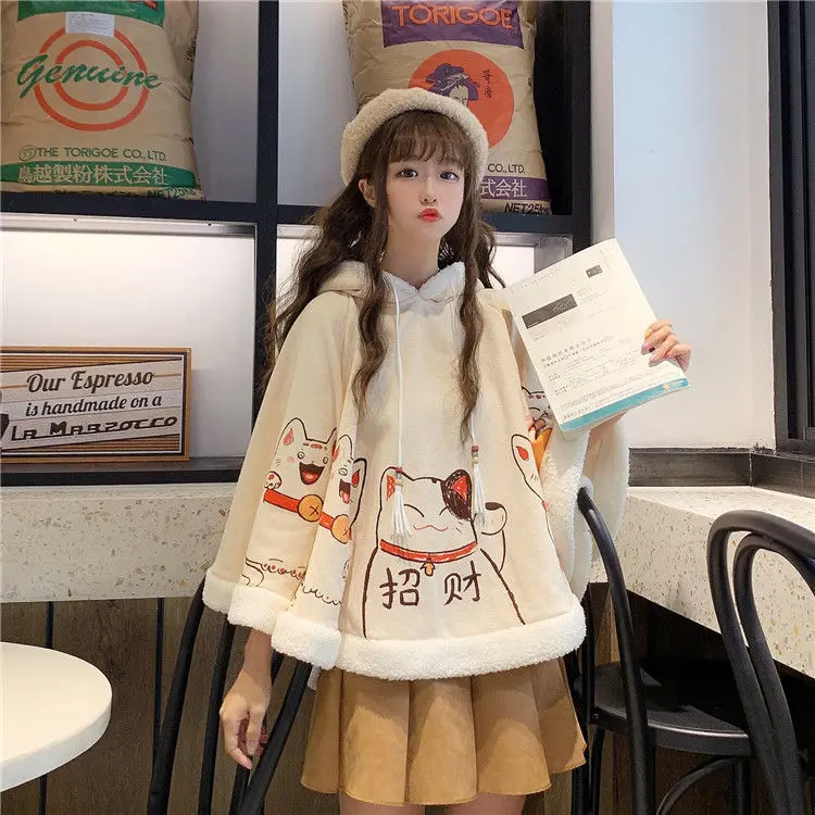 

Autumn and winter cute cat ears harajuku trend plus velvet thickened student lolita female Japanese soft girl warm cloak shawl