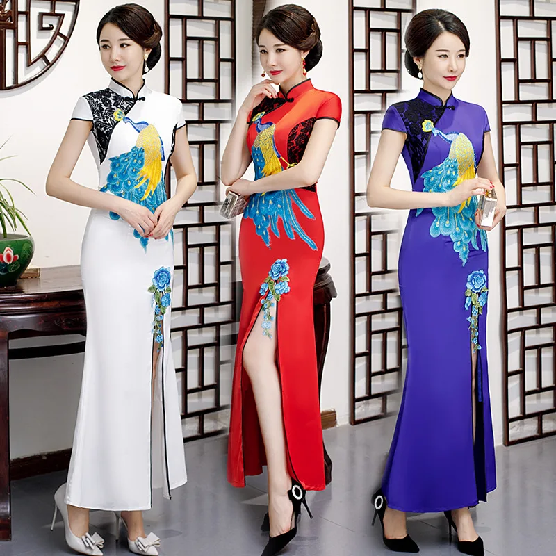 

Chinese Traditional Wedding Cheongsam Dress Long Peacock Embroidery Qipao Retro Satin toast Dress Plus Size 5XL Dress for Women