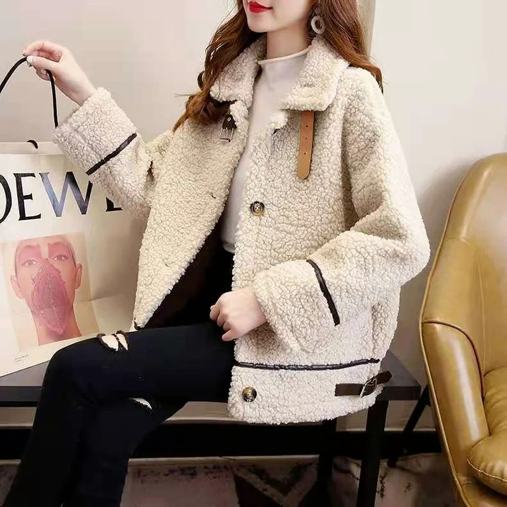 

Lamb Coat Female Long Sleeve 2021 Korean Version Loose Autumn Winter Wild Thickened Fur Integrated Plush Warm Top High Quality