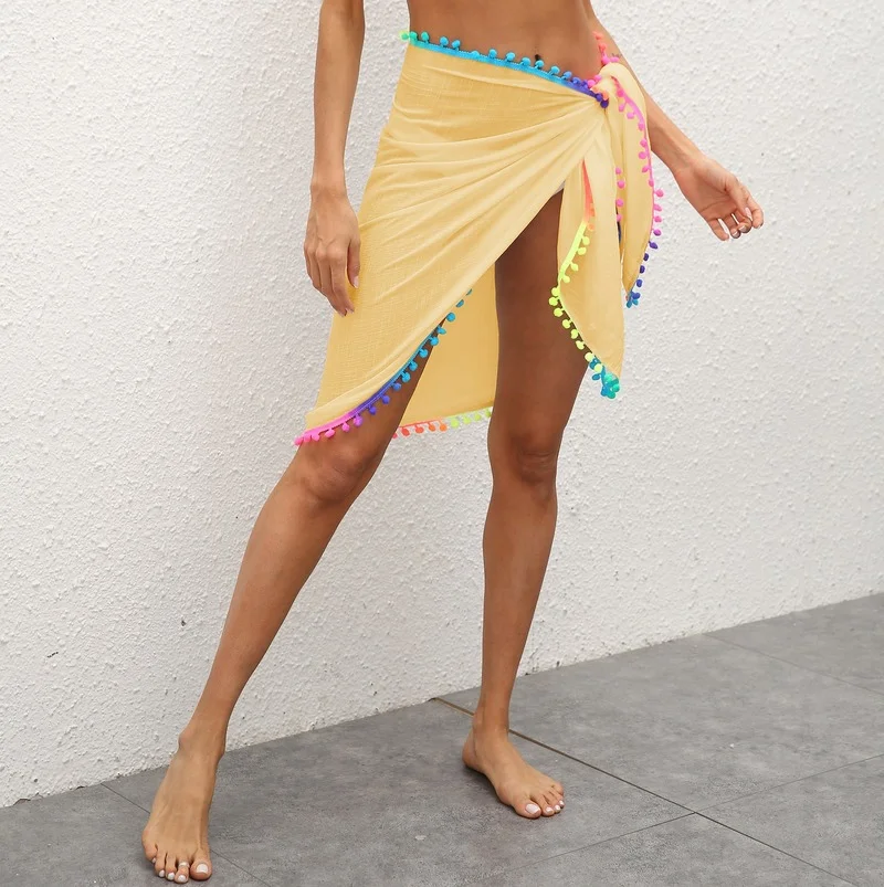 

2021 Beach Faldas Solid Color Tassel Stitching Irregular One Piece Skirts Women Summer Patchwork Bandage Vacation Female Skirt