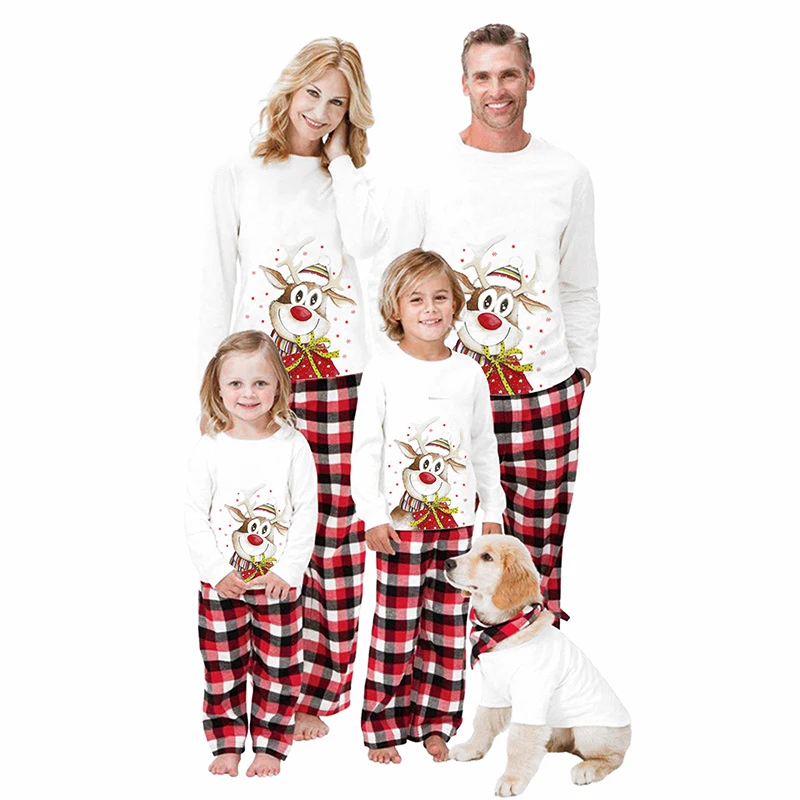 

Christmas Pajamas Set Homewear Family Matching Outfits Sleepwear Elk Long Sleeve Tops Plaid Long Pants Nightwear Nightclothes