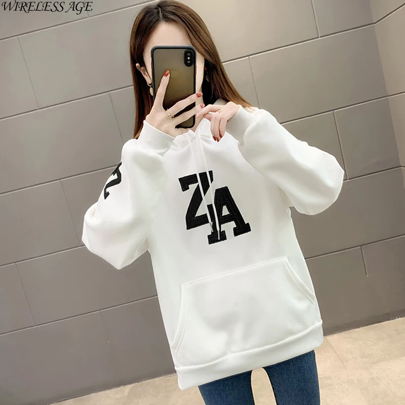 

WIRELESS AGE Sweater Women Long Sleeve Hooded Collar Embroidered Letter Thickened Loose Commute Tops Spring Autumn Fashion Wild
