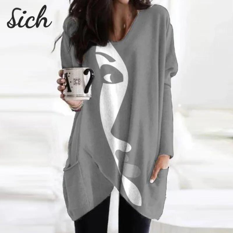 

Women Leisure All Match Casual T-Shirt Oversized Abstract Print Long-Sleeve Top Tee Loose Pullover O-Neck Shirt Fashion Clothing