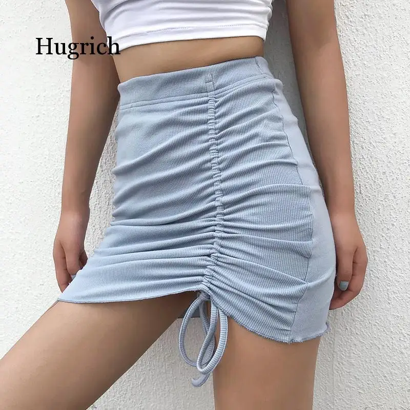 

Fashion Ribbed Bodycon Elastic High Waist Drawstring Mini Women Asymmetrical Ruched Summer Skirts Bottom