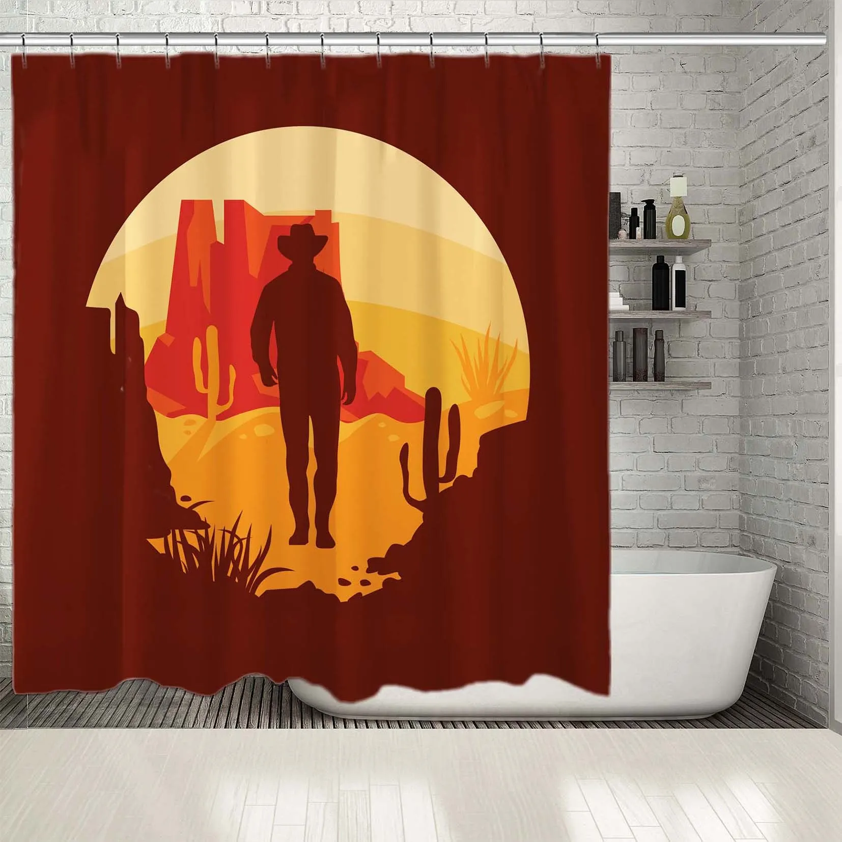 

Shower Curtain Wild West Cowboy With Landscape Silhouette Vintage Retro Artwork Printed Brown