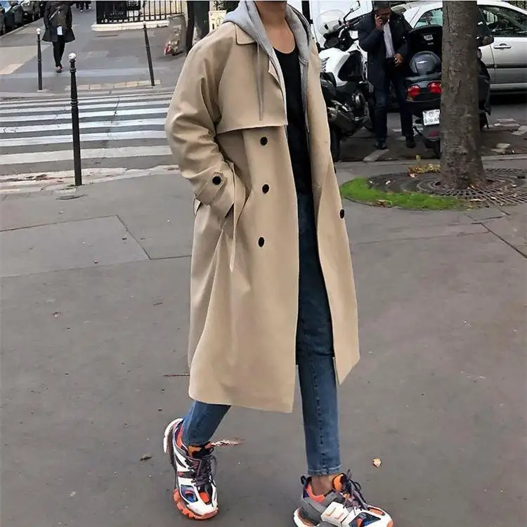 

Autumn Korean Style Mid-Length Trench Coat Loose Casual Double-Breasted Overcoat for Men